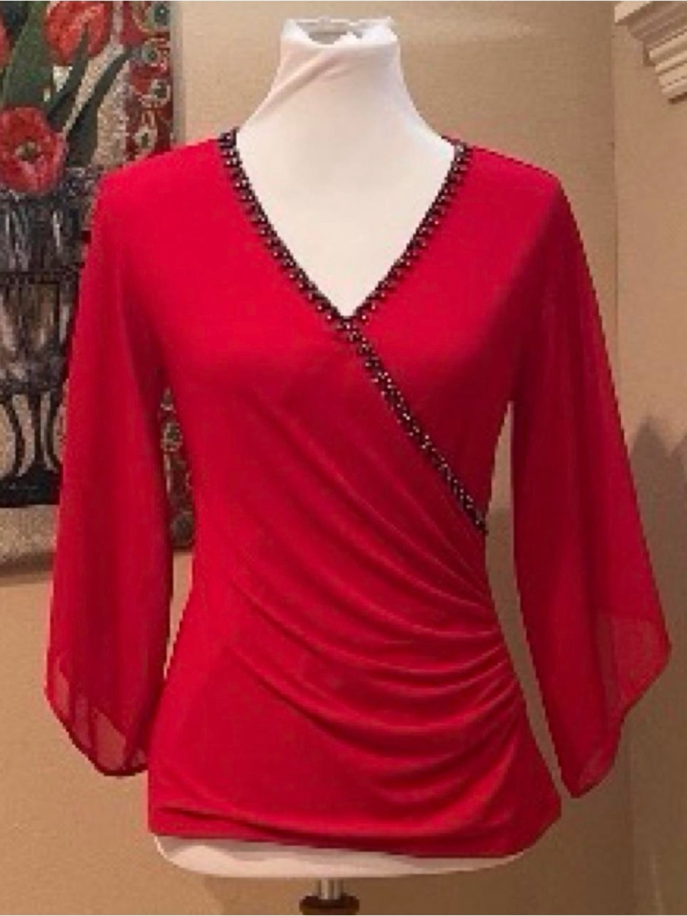 Carmen Marc Valvo Red VβNeck Wrap Blouse with Beaded Trim